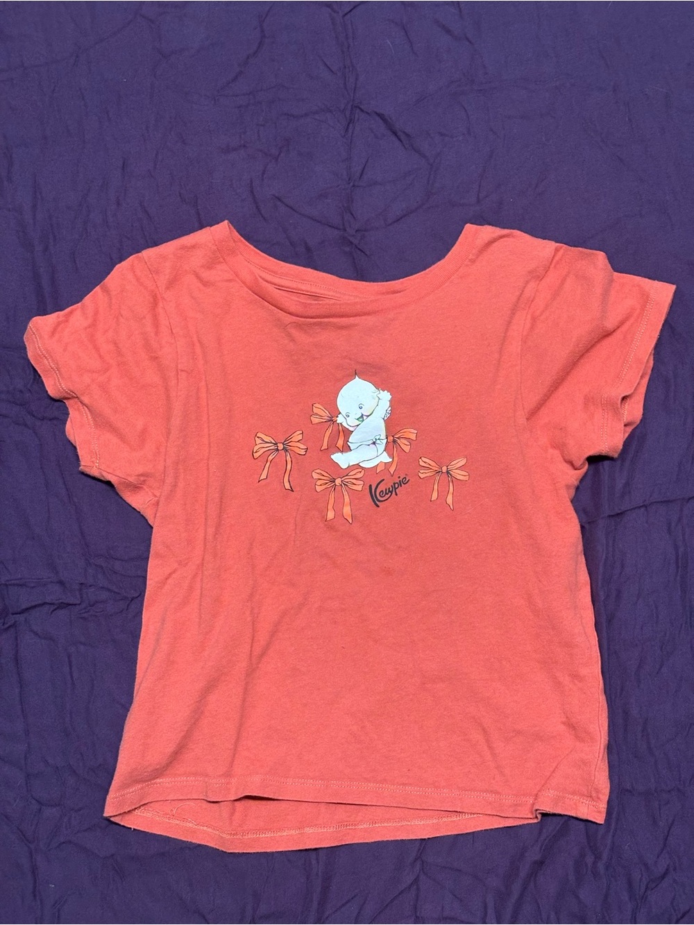Coral Pink Short Sleeve Graphic Tee with Bow and Character Motif